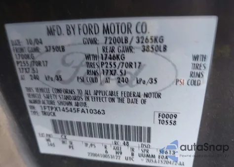 2005 Ford F-150 Fx4/Lariat/Xl/Xlt из США, поврежденный, VIN 1FTPX14545FA10363